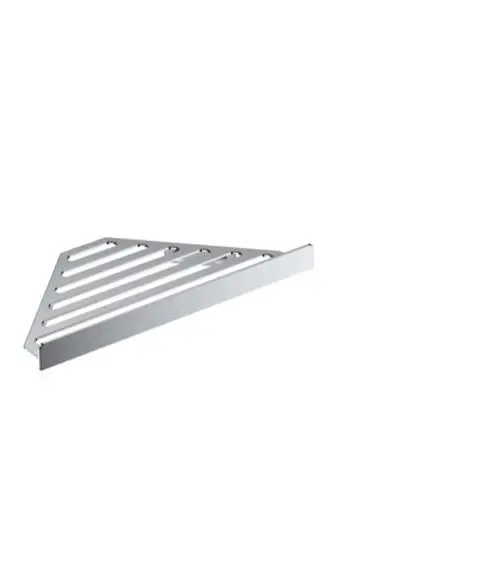 Ein dreieckiges, silbernes Wandregal mit mehreren horizontalen Streifen zum Abstellen von Gegenständen, ideal für Badezimmeraccessoires.